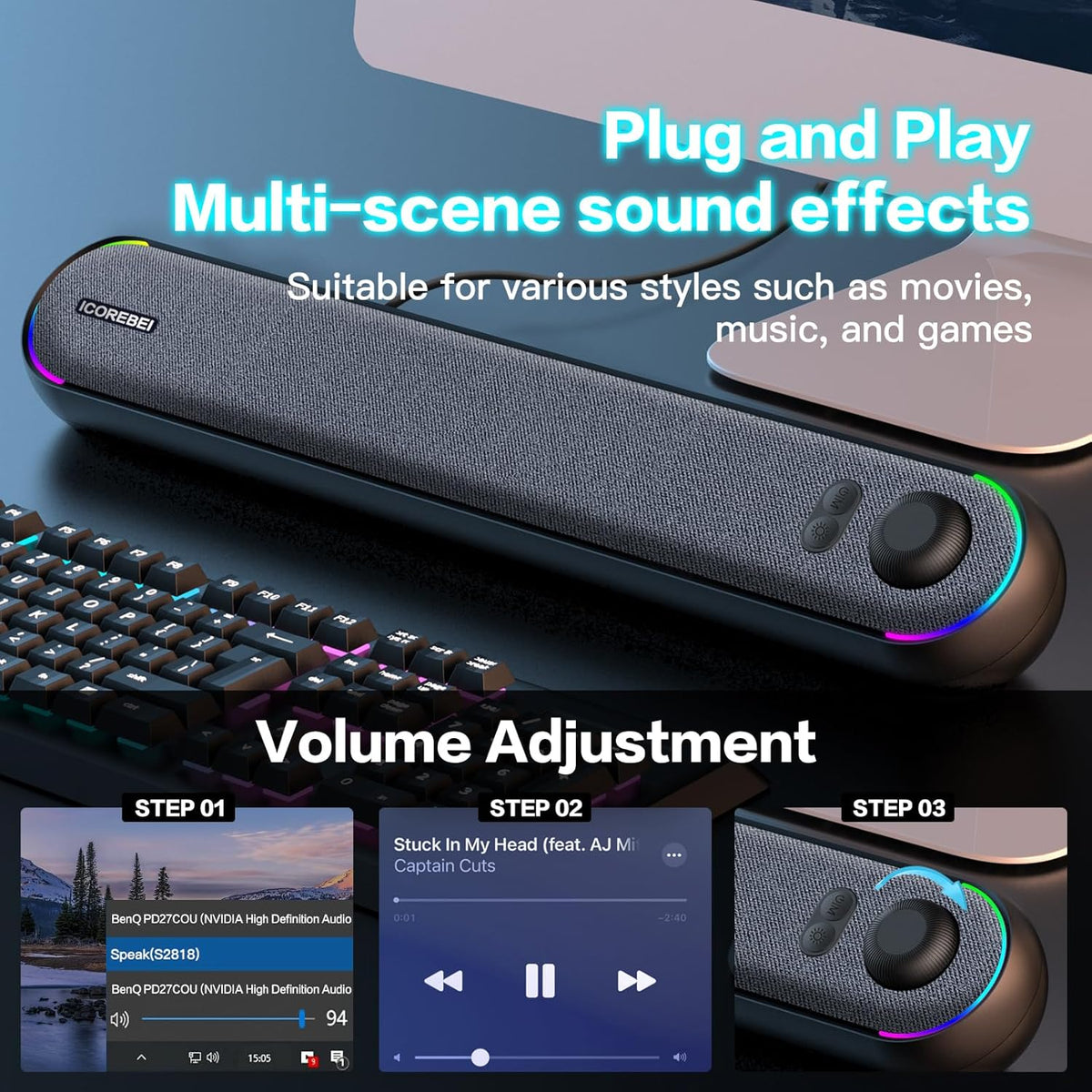 ICOREBEI 5.3, Desktop Computer Speakers, Stereo Soundbar, Bluetooth USB/USB-C Power and Audio Transmission