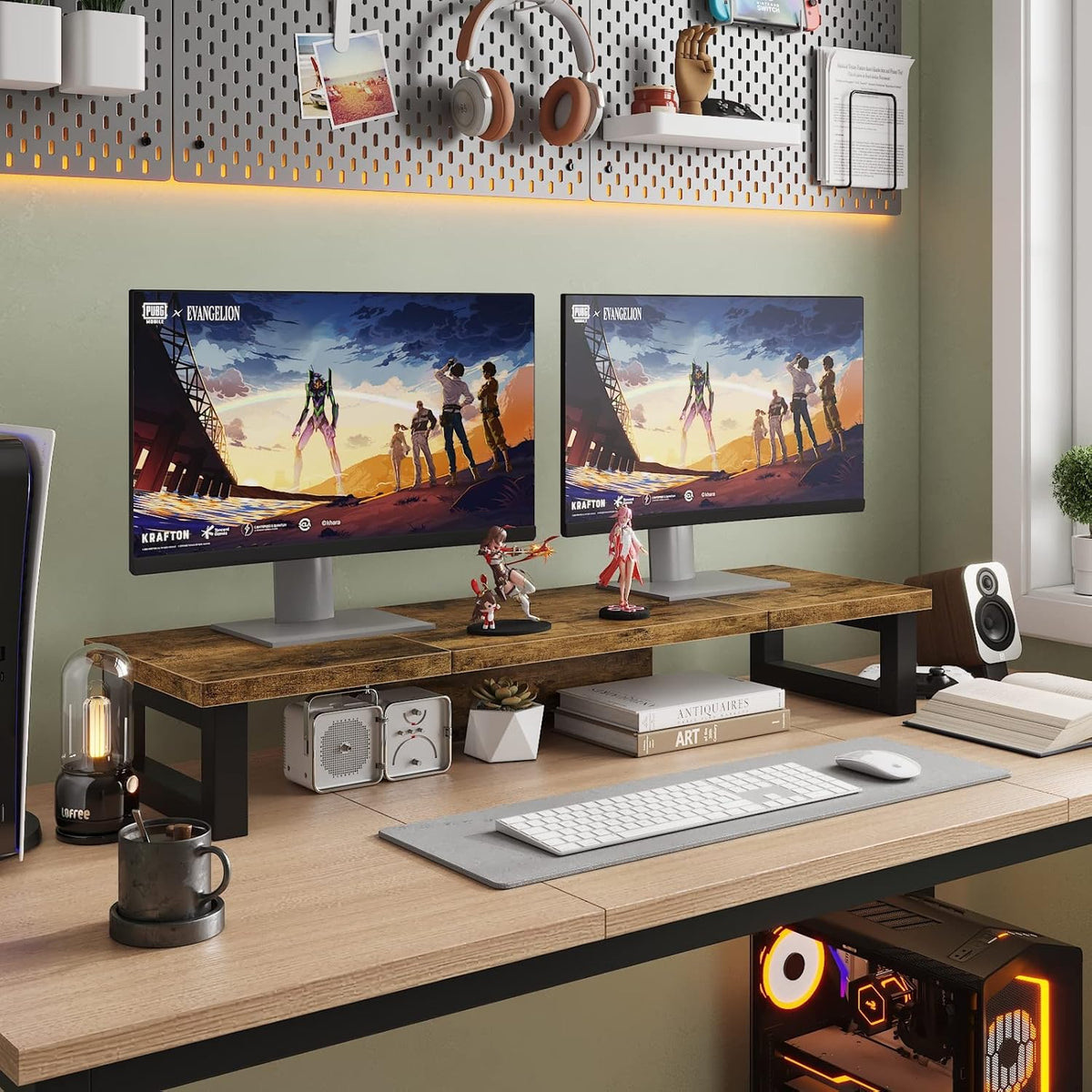 WESTREE Dual Monitor Stand Riser, Wood and Steel Monitor Stand Riser, Computer Monitor Stand for 2 Monitors, Multi-Purpose Desktop Storage Stand for Computer,Laptop,Printer,TV