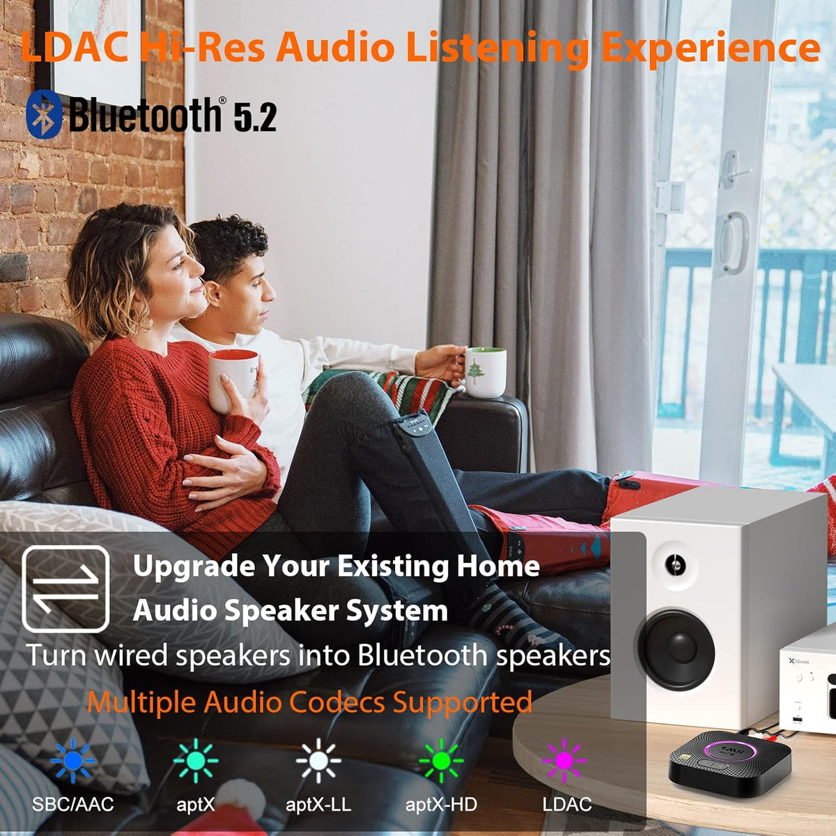 1Mii B06S+ LDAC Bluetooth 5.2 Receiver for Home Stereo Hi-Res Music Streaming, Hi-Fi Wireless Audio Adapter w/aptX HD Low Latency, Long Range Bluetooth Audio Receiver Volume Control, RCA/3.5mm Outputs