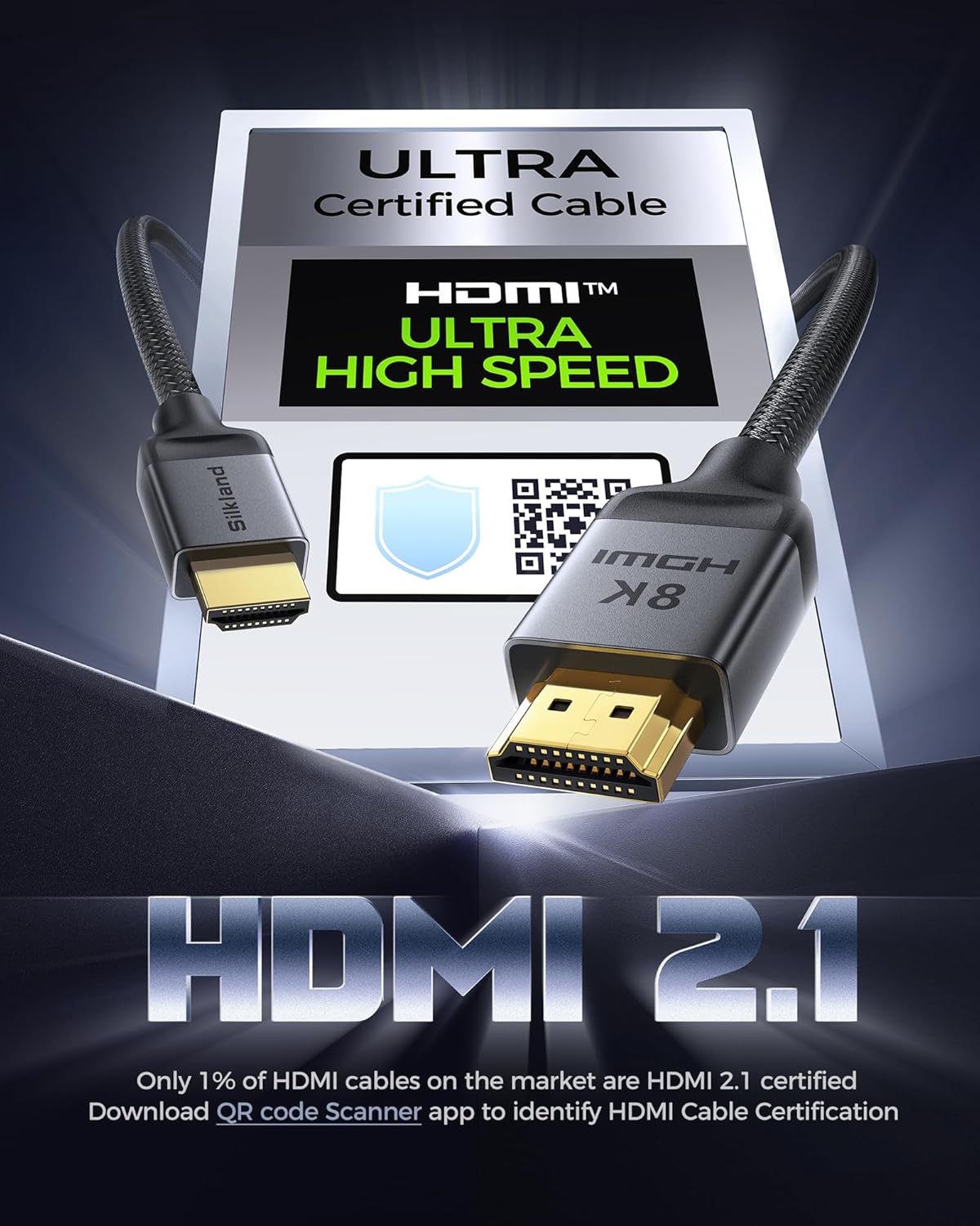 Silkland Certified Long 10K 8K HDMI 2.1 Cable 25ft, (Upgrade Braided) Ultra High Speed HDMI® Cable [8K@60Hz, 4K@120Hz] 48Gbps, HDR, eARC, HDCP 2.2/2.3, Compatible for PS5/Xbox/Soundbar/Roku TV