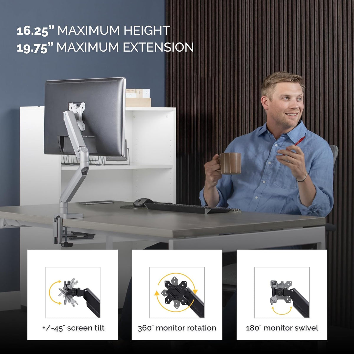 Fellowes Platinum Series Single Monitor Arm for 40-Inch Monitors, Full Motion, 360° Rotation, VESA Mount with Grommet or Clamp, USB Ports, Ergonomic, Silver, 8056401