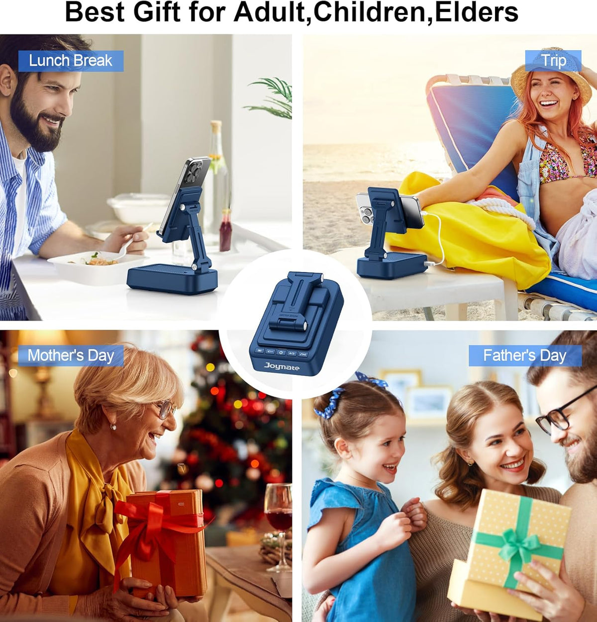 Gifts for Men Women, Bluetooth Speaker Phone Stand with Charging Function 360° Rotable Adjustable Cell Phone Holder HD Surround Sound for Desk Fits All Phones,Tablet (Blue)