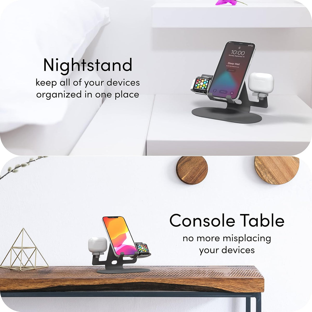 TALK WORKS 3-in-1 Electronics Station, Aluminum Stand Dock for Bedside, Table Compatible w/ iPhone 15/15 Pro/15 Pro