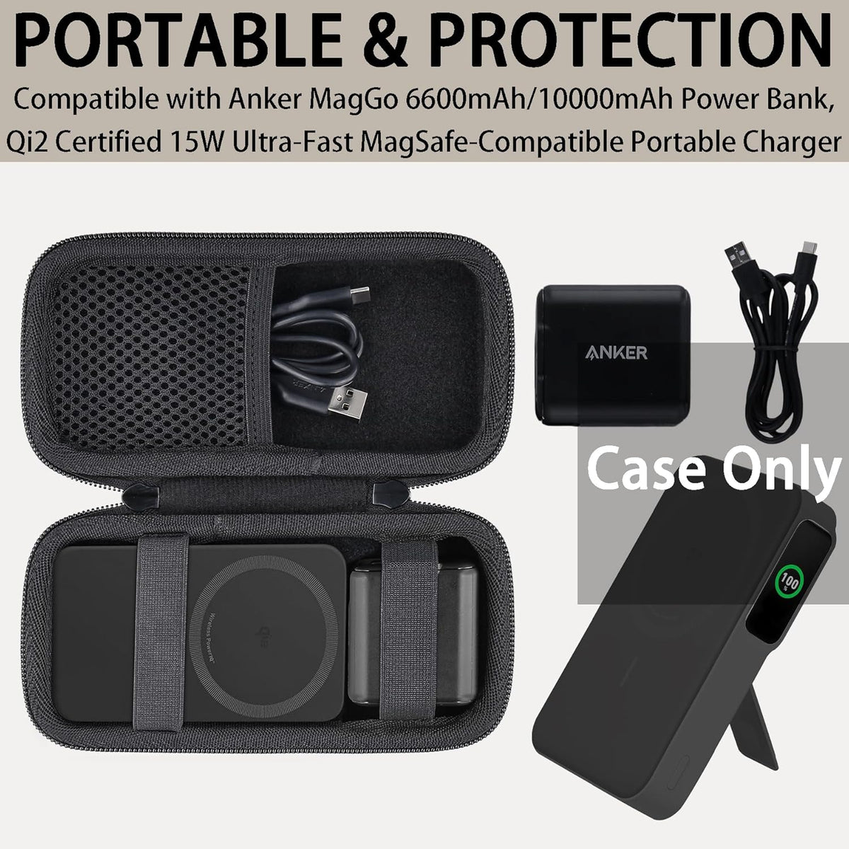 khanka Hard Travel Case for Anker MagGo 6600mAh/10000mAh Power Bank, Qi2 Certified Portable Charger (Black)