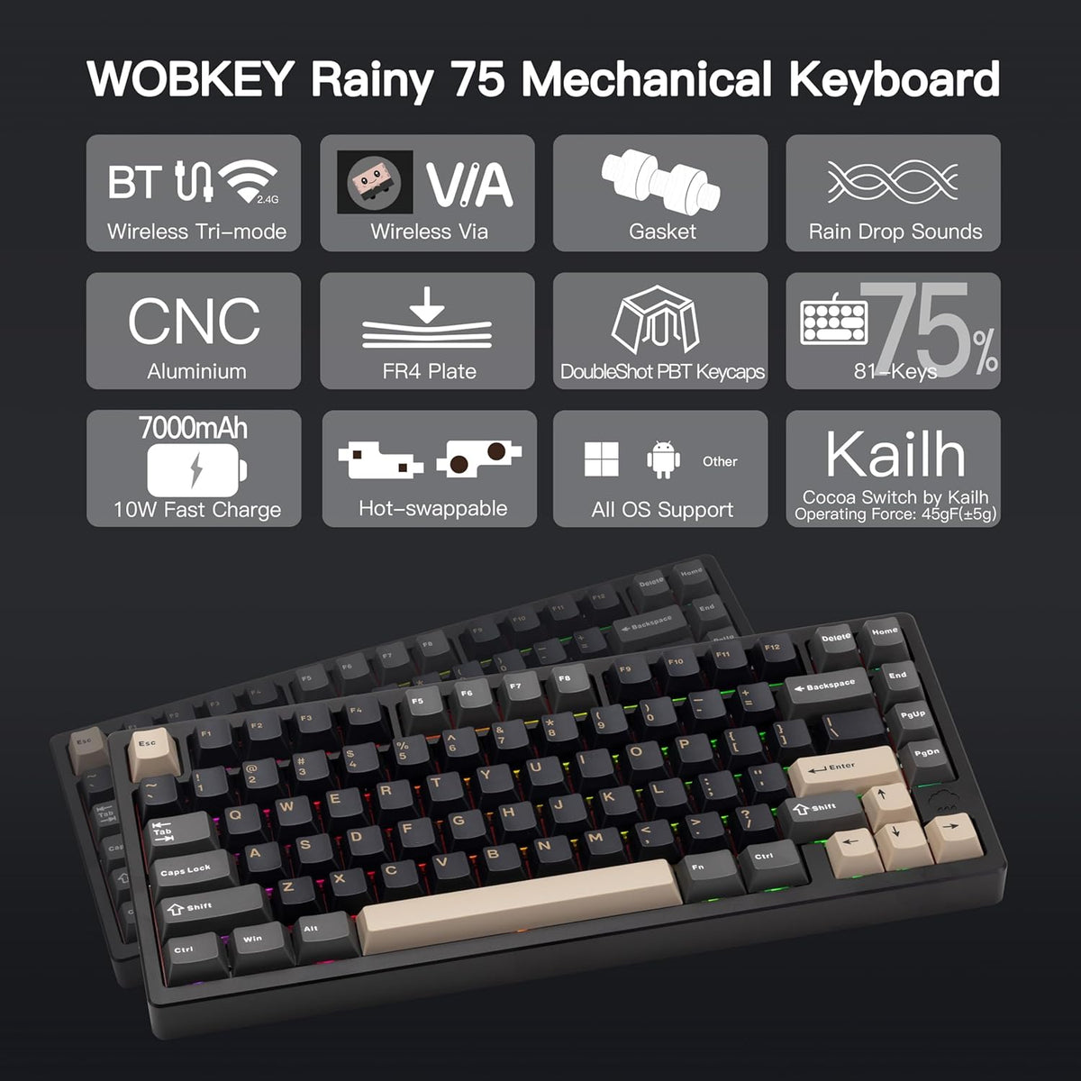 KEEBMONKEY WOBKEY Rainy 75 CNC Aluminum HMX/JWK/Cocoa Switches Triple-Mode Connectivity Mechanical Keyboard with Superior Acoustics, RGB/FR4/Silver SUS304/7000mAh/Cocoa Switch (Pro - Black)