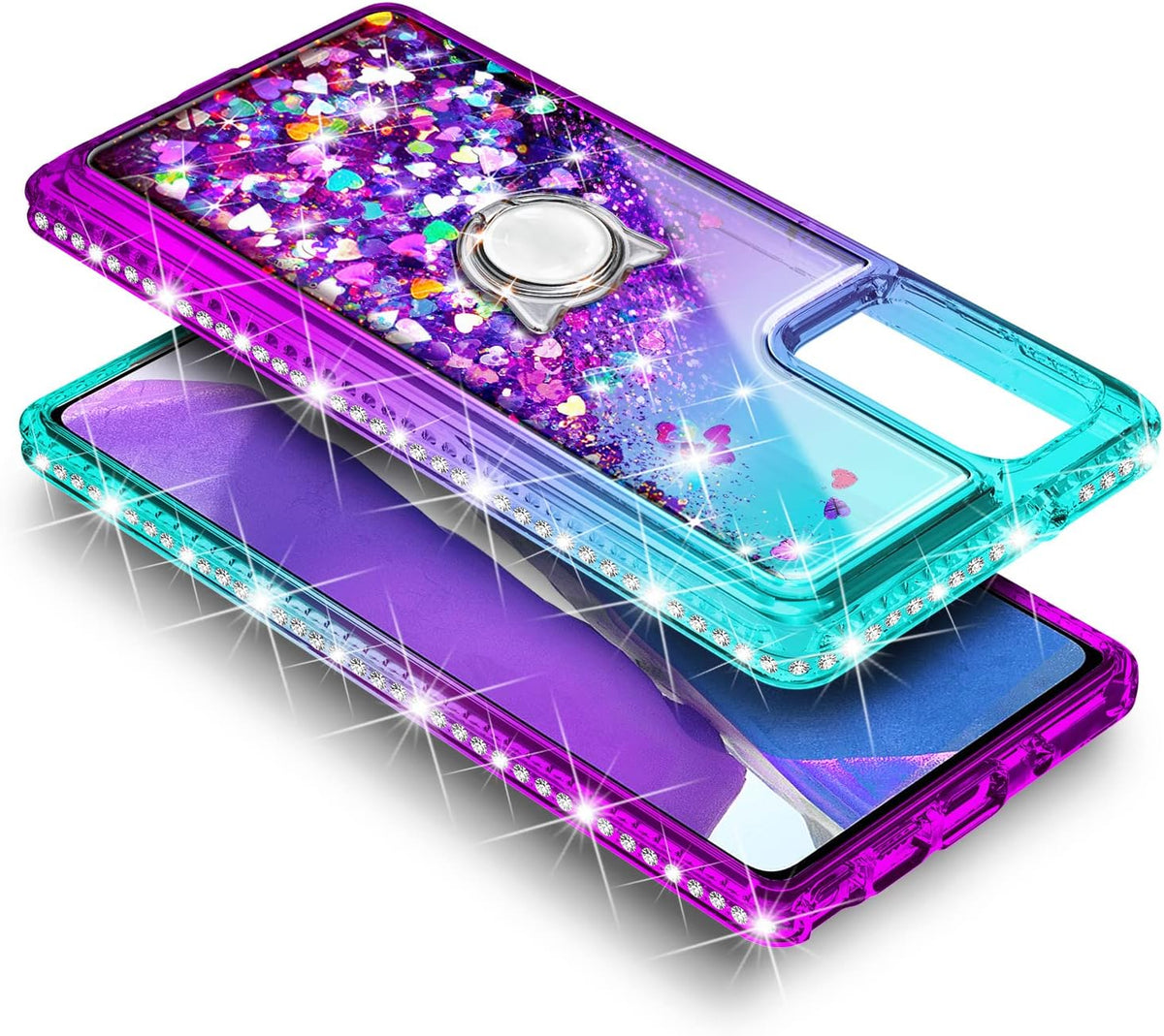 NZND Designed for Samsung Galaxy A03S Case, Cute Glitter Liquid Floating Waterfall Case with Screen Protector/Ring