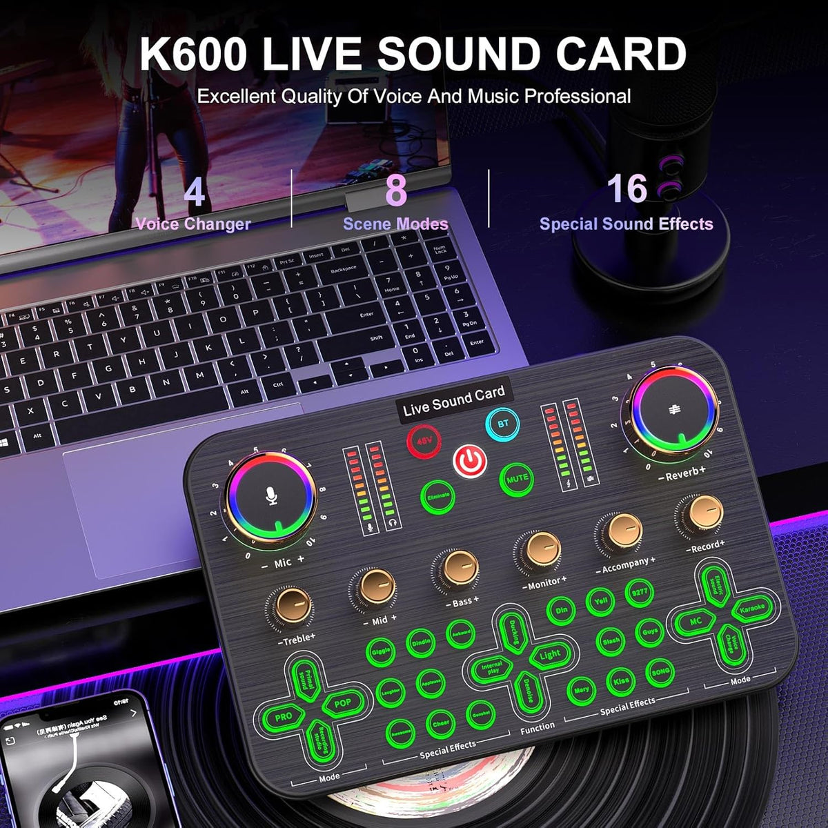 Facmogu K600 Gaming Audio Mixer, Streaming Audio Mixer with XLR Microphone Support, DJ Mixer Built-in 48V Phantom Power, Live Sound Card for PC Phone Live Streaming Podcasting Karaoke Tiktok YouTube