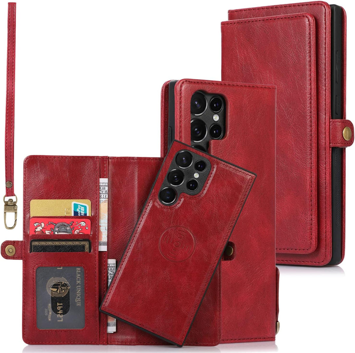 Asuwish Wallet Detachable Cover for Samsung Galaxy S23 Ultra 5G, Leather Flip Credit Card Holder with Magnetic Back, Red