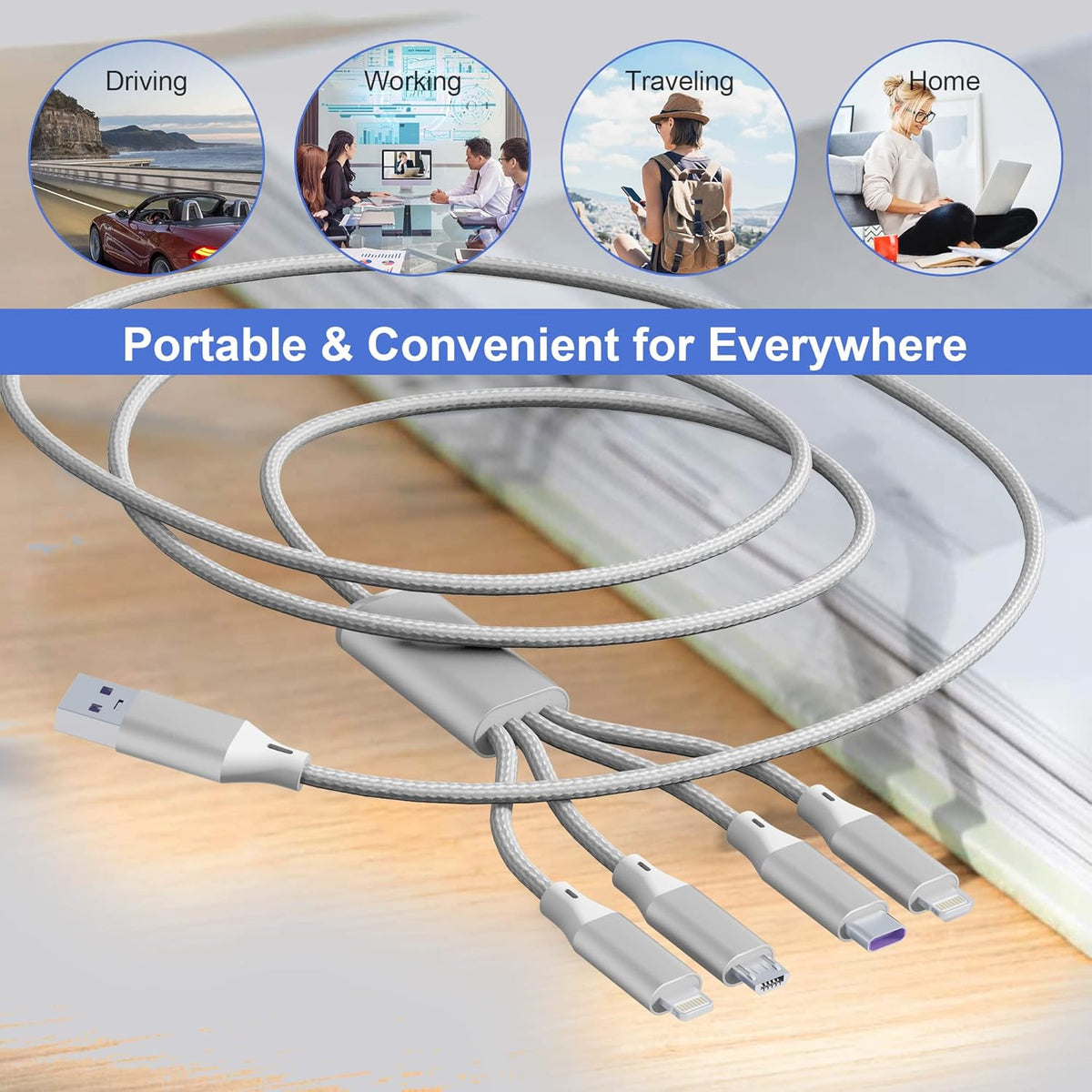 Multi Charging Cable, 4 in 1 Nylon Braided [MFi Certified] USB Fast Charging Cords, 2M/6FT for iPhone Android Tablets
