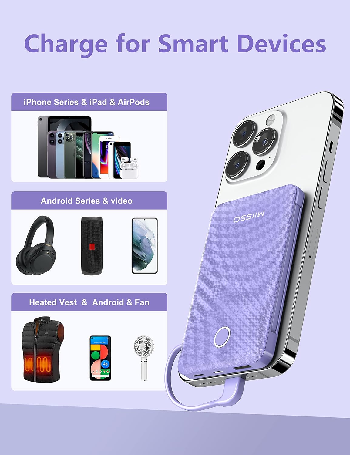 miisso 6000mah Ultra Slim Built in Cables Power Bank, Card Size Built in USB C Cords Battery Pack Portable Charger for Phones, 3 Output External Battery Pack Compatible with iPhone, Samsung, Purple