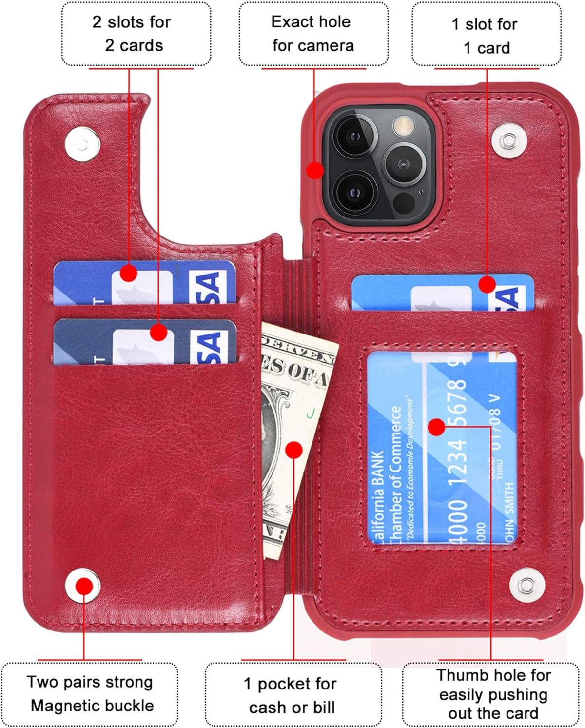 Arae Compatible for iPhone 12 Pro Max Case - Wallet Case with PU Leather Card Holder Back Flip Cover (Wine Red)