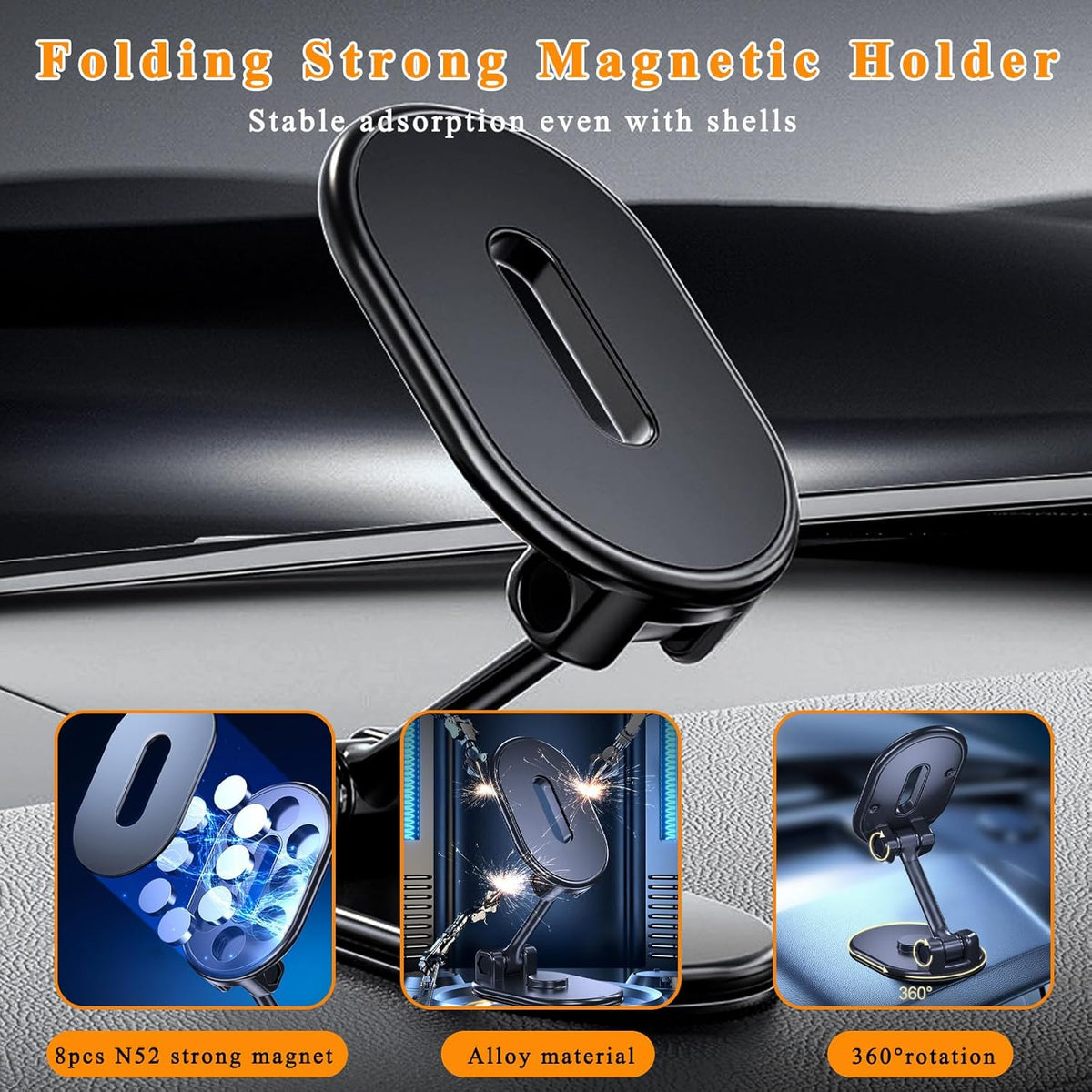 Magnetic Phone Holder for Car, 360 Degree Rotatable Auto Mount with 8 Strong Magnets, Compatible with All Smartphones