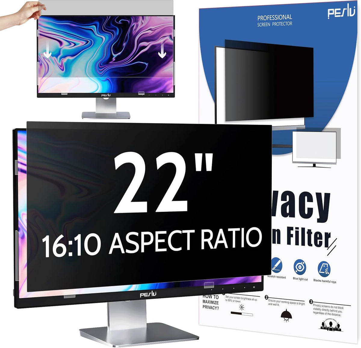 Privacy Screen for Computer Monitor 22 Inch 16:10 Aspect Ratio, Anti Blue Light Glare Removable 22 in Privacy Screen Filter Protective Film, HD 22 Inch Privacy Screen Protector for Monitor