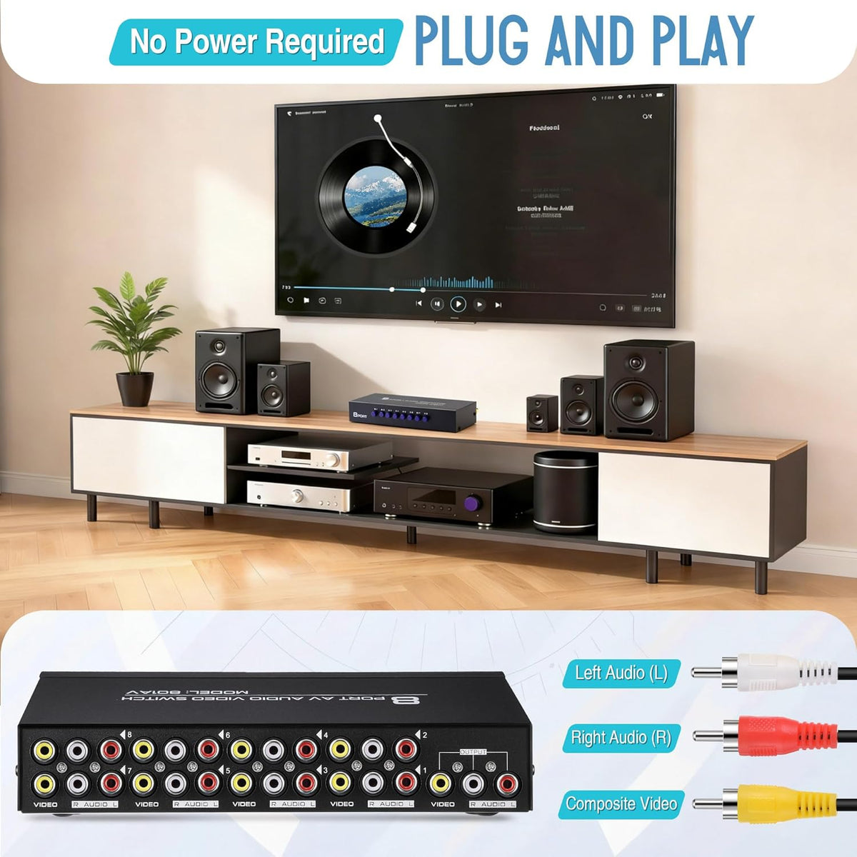 Gulfmew 8 4 8 1 8 Way AV Switch, RCA Switcher with FT RCA Cable, in Out Composite Video L/R Audio Selector Box, Port AV