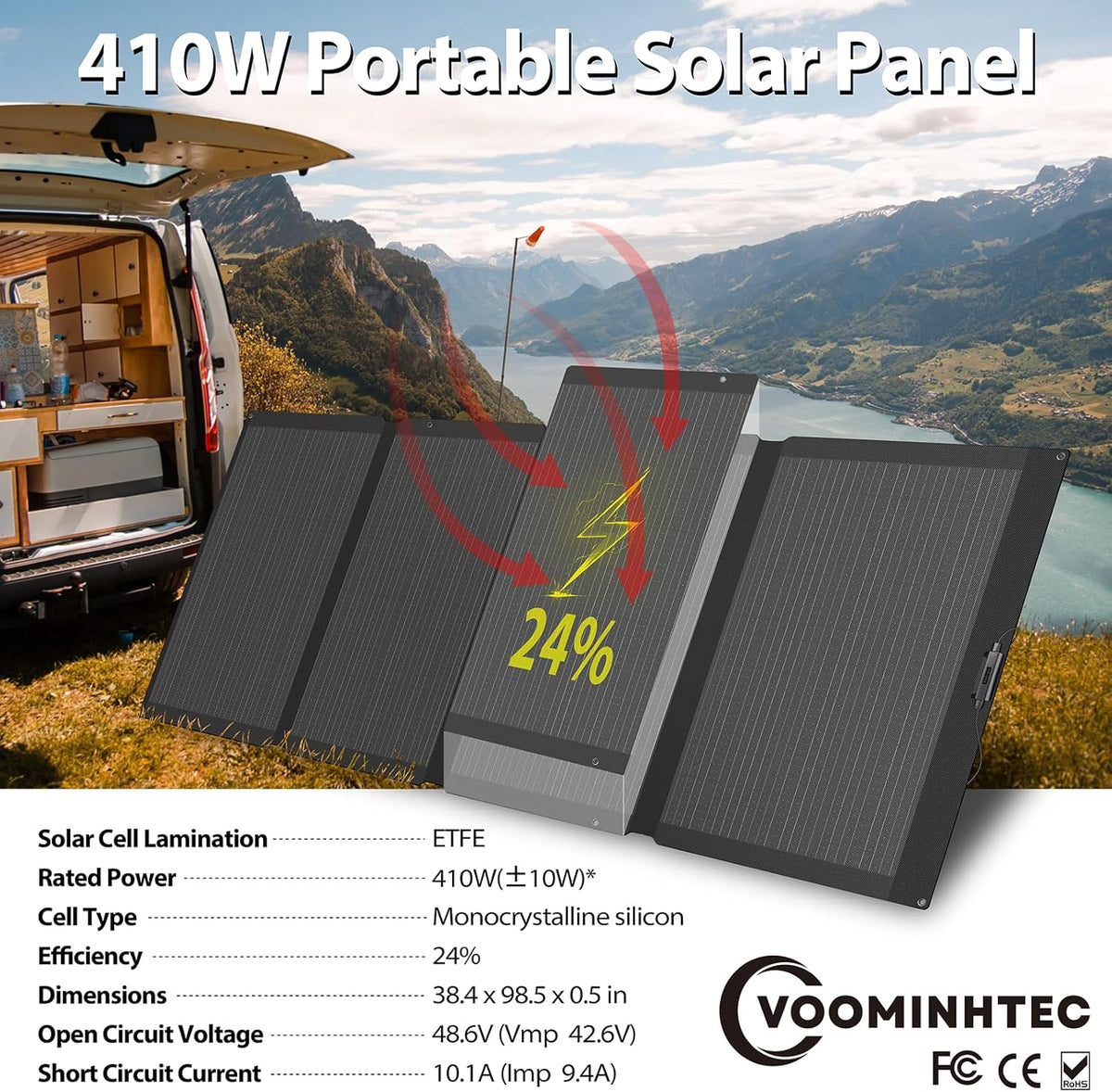 410W 42V ETFE Portable Solar Panel, IP68 Waterproof Foldable 24% High Efficiency, Ultra-Light Solar 4 Kickstands fo Power Station RV Camping