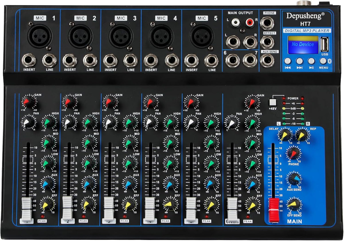 Depusheng HT7 Bluetooth Portable Audio Mixer w/USB DJ Sound Mixing Console MP3 Jack 48V Power for Computer Recording, 7-Channel Bands Mixing Boards For Studio Recording