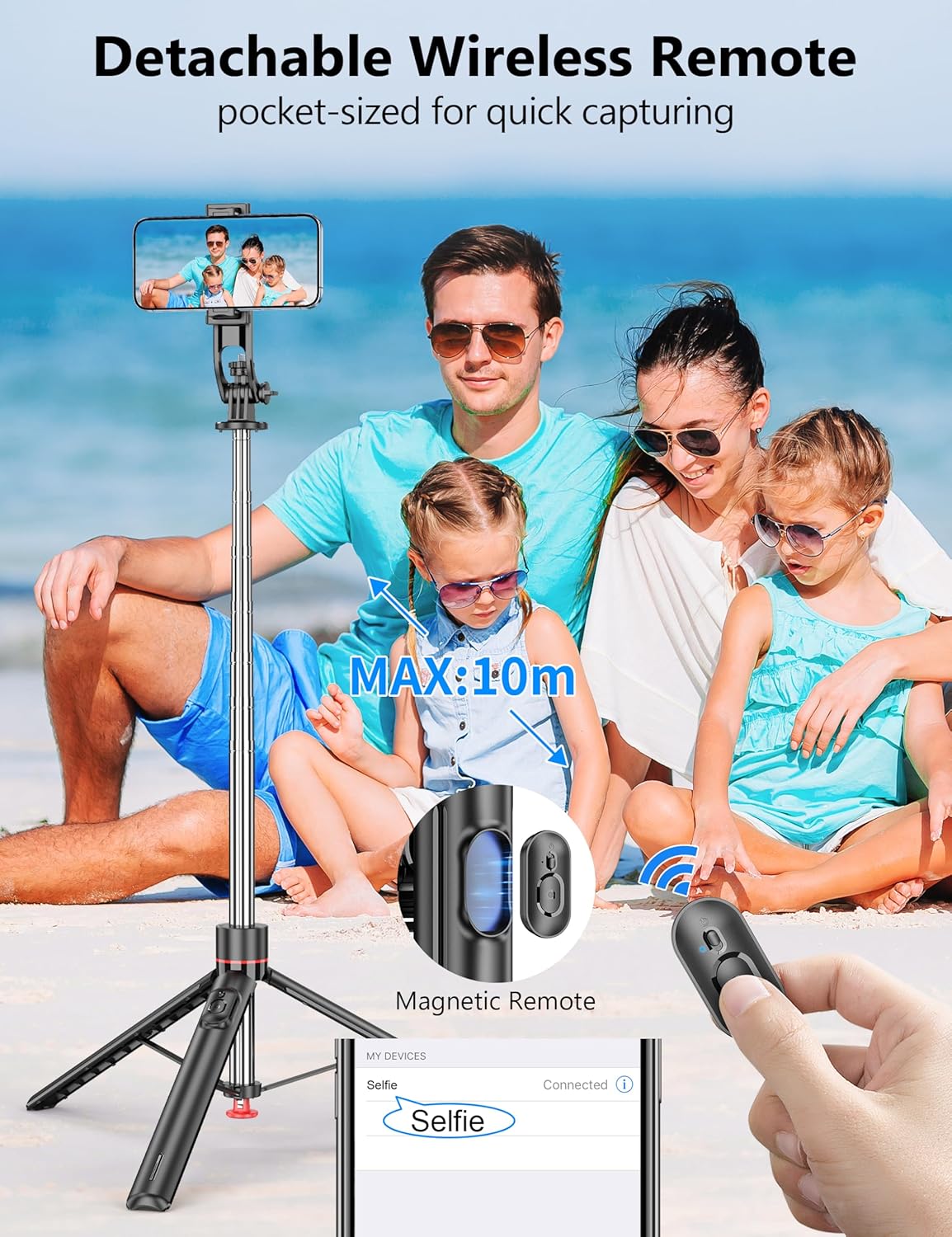 70'' Automatic Tripod, Extendable Selfie Stick Phone with Magnetic Remote & 1/4" Screw Camera Tripod Lightweight Travel Tripod for Cell Phone Compatible with iPhone 16/15/14/13/12/Android