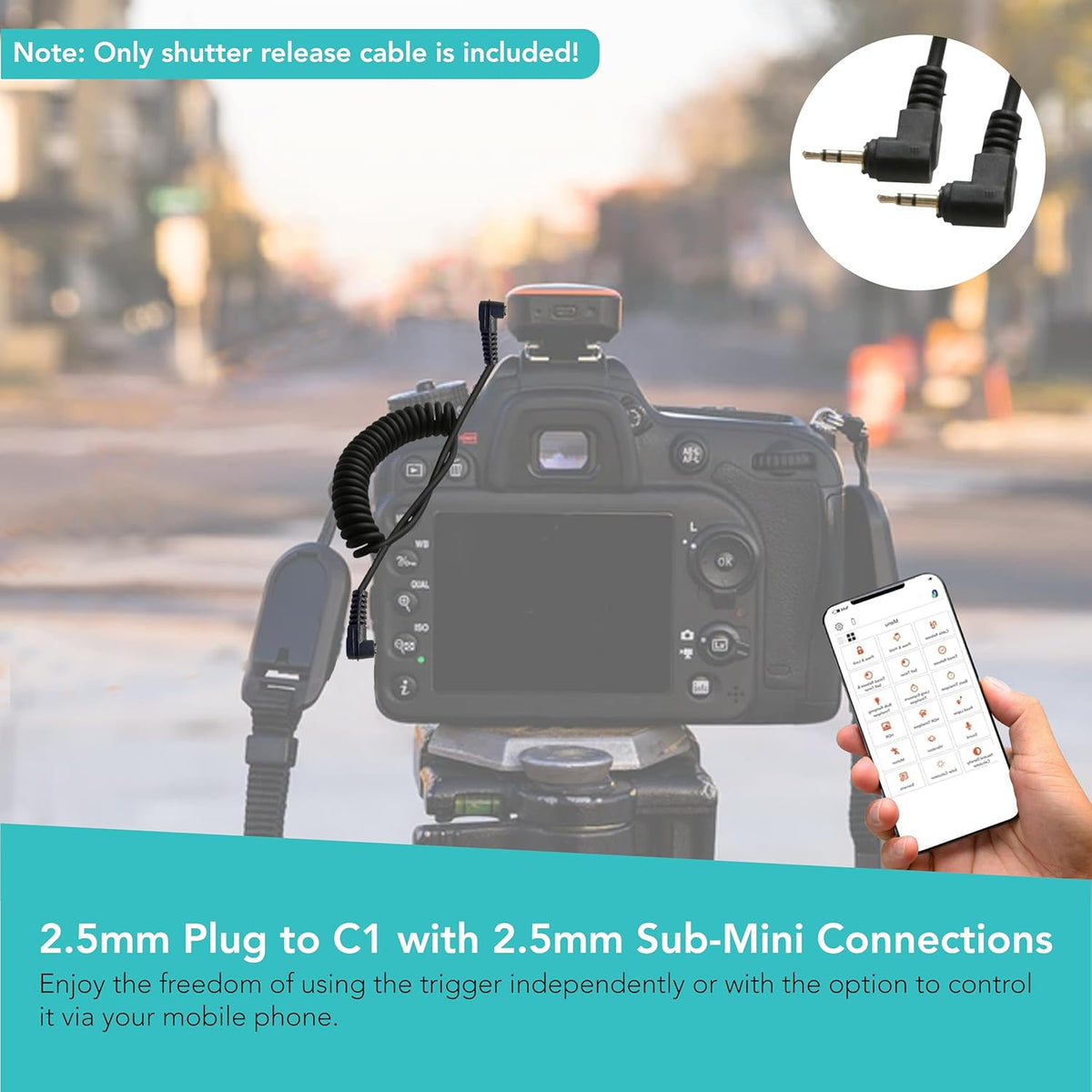 Foto&Tech 2.5mm C1 Remote Control Shutter Release Cable Cord, Compatible with Miops Trigger and Canon Rebel T8i, T7i,