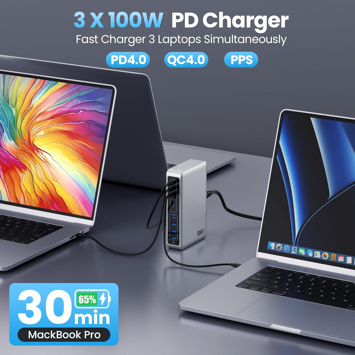 730W USB C Charger Block,10-Ports GaN V Fast Charging Station Hub,QC4.0+3 PD 100W Laptop Charger Wall Power Adapter for MacBook Pro/Air,DELL,iPhone 16/15/14/13,iPad,Galaxy S25,Pixel,Steam Desk-Silver
