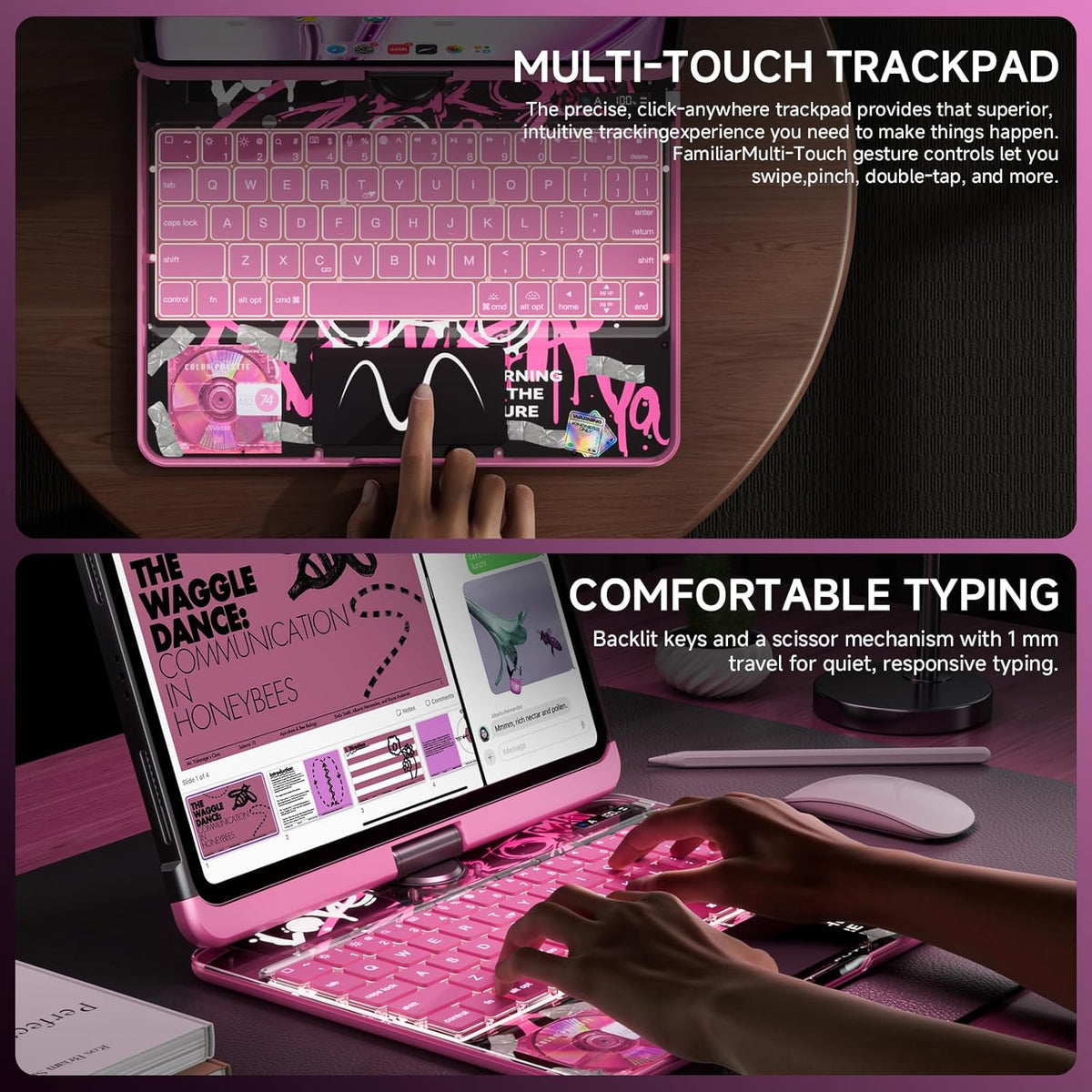 Transparent Case with Keyboard for iPad 9th (7th, 8th, and 9th Gen) 10.2 Inch,with 7-Color Backlit Wireless Keyboard,360°Rotatable Protective Case Multi-Touch Trackpad,with Pencil Holder,Pink
