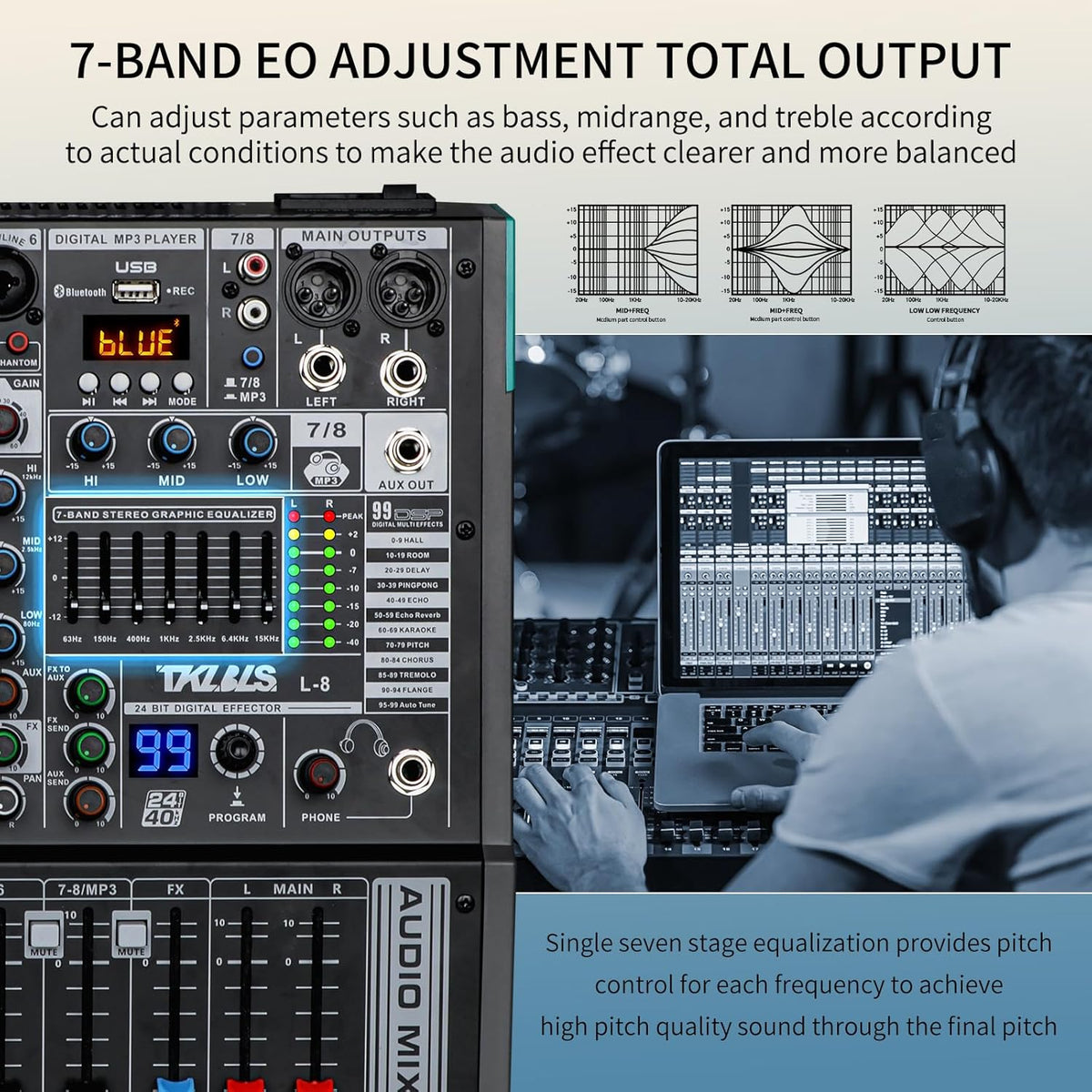 Audio Mixer, TKLBLS Professional 8 Channel DJ Mixer Board with 99-Bit DSP, Sound Board Mixing Console 7-Band EQ Output, USB Audio Interface, Bluetooth 48V Phantom Power For Karaoke Studio Streaming