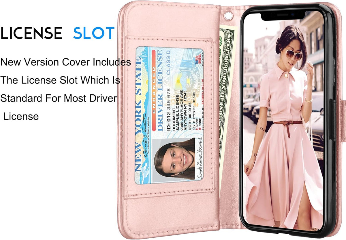 Tekcoo Luxury Wallet Case for iPhone Xs/iPhone X, Rose Gold PU Leather Flip Cover with Detachable Magnetic Hard Case