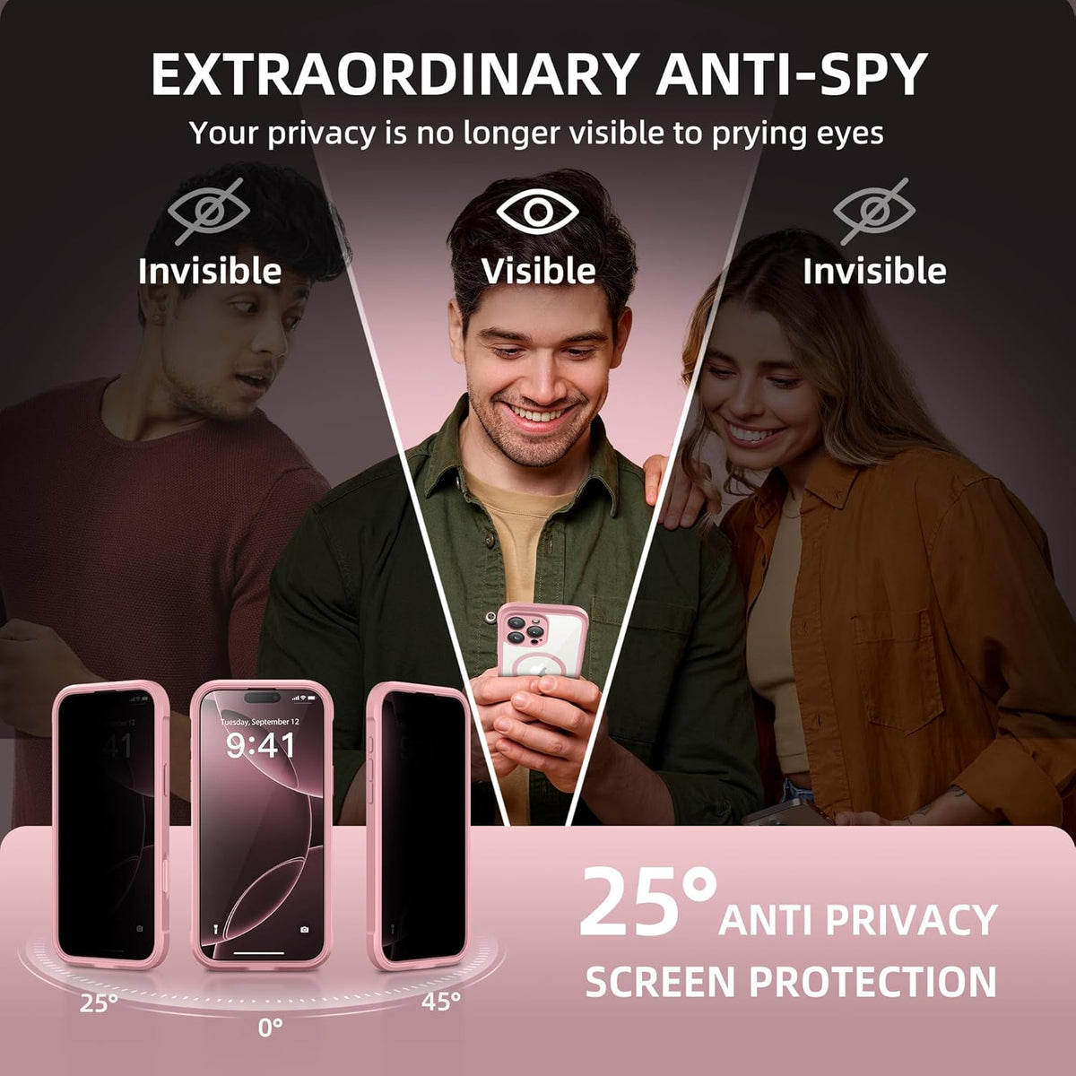 BERFY Magnetic for iPhone 16 Pro Case, Compatible with MagSafe, Built-in Privacy Screen Protector and Upgraded Camera Protection, Anti-Spy Full Body Shockproof Phone Case for 16 Pro 6.3", Pink
