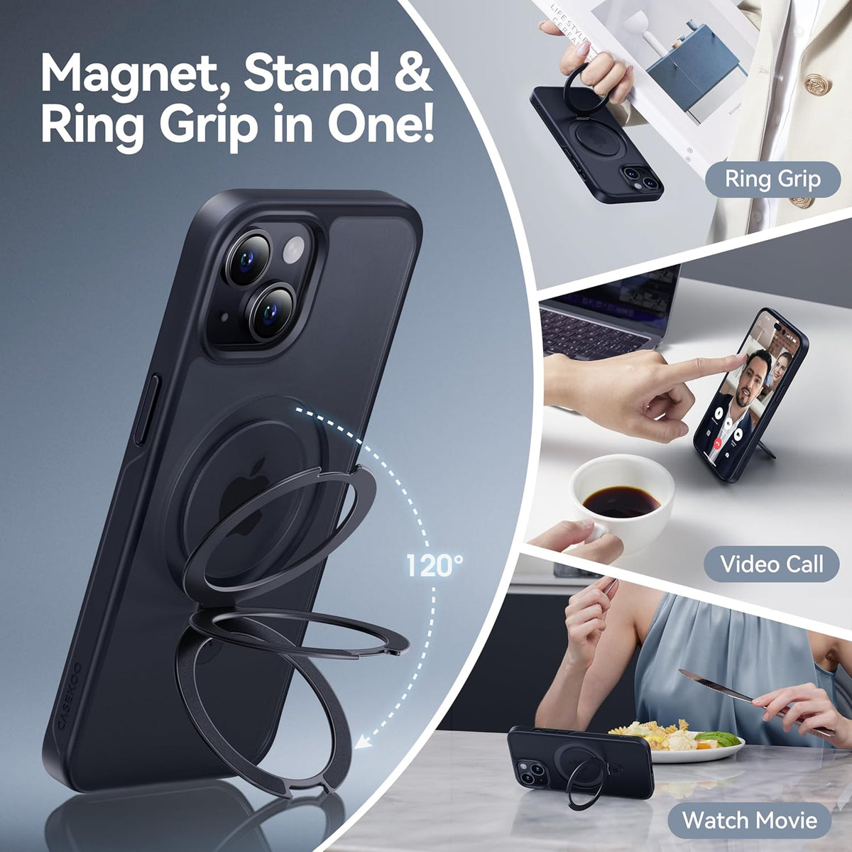 CASEKOO Designed for iPhone 15 Case with Magnetic Invisible Stand [Military Drop Protection] [Compatible with MagSafe] Shockproof Slim Translucent Matte Case 6.1 Inch, Black
