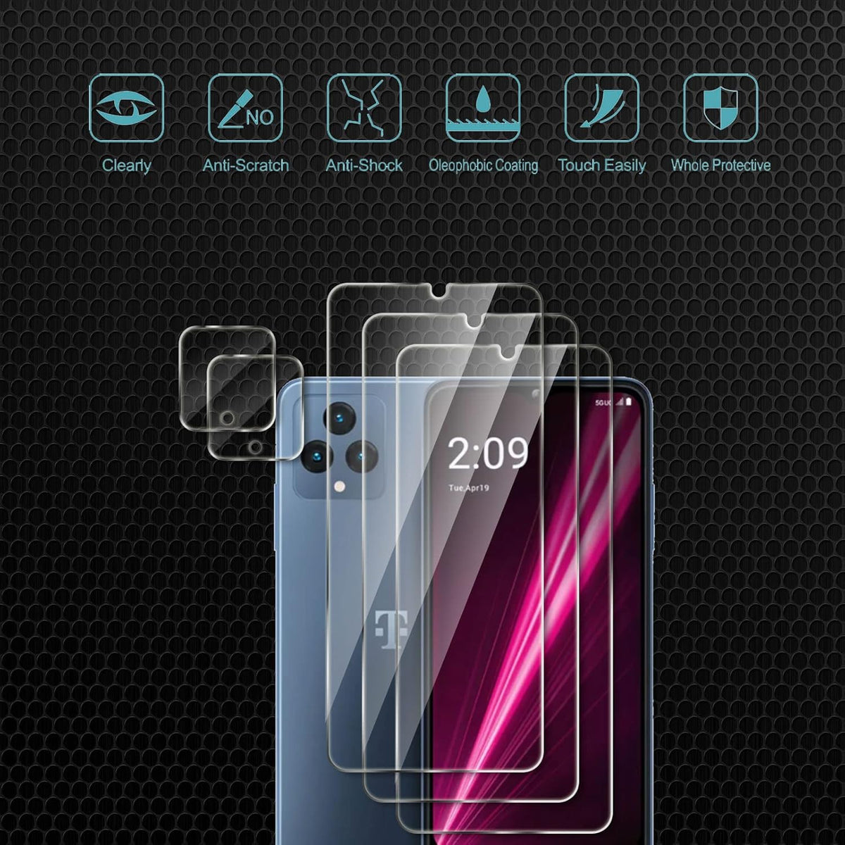 [3+2 Pack] Screen Protector for T-Mobile Revvl 6 with 2 Pack Camera Lens Protector, 9H Hardness, Anti-Scratch, Case