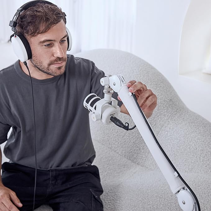 Rode PodMic Dynamic Broadcast Microphone with PSA1+ Microphone Boom Arm WS14 Pop Filter and Premium XLR Cable (White Bundle)