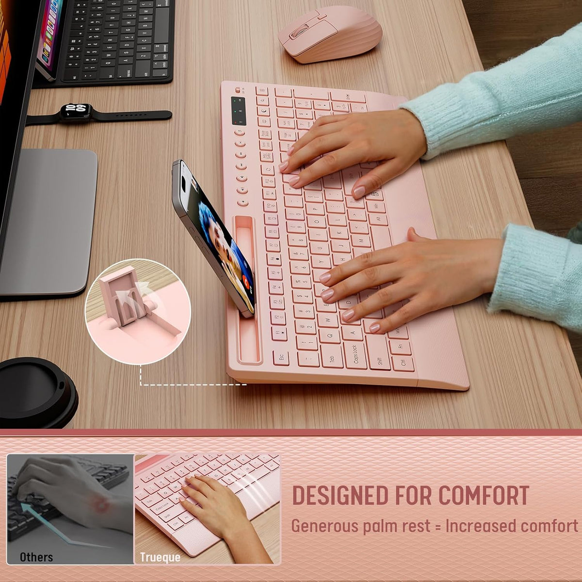 Pink Keyboard and Mouse Wireless, 2.4G Lag-Free Cute Keyboard Combo with Ergonomic Wrist Rest, Phone Holder & Batteries Included, Cordless Silent Key Board Set for Computer, PC, Windows - Trueque