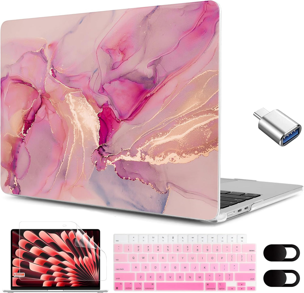 MEEgoodo for M4/M3/M2 MacBook Air 15.3 inch Case 2025 2024 2023, Case Fit Model (A3241/A3114/A2941) for MacBook Air 15 inch, Laptop Hard Shell with Keyboard Cover, Gold Splashes Marble