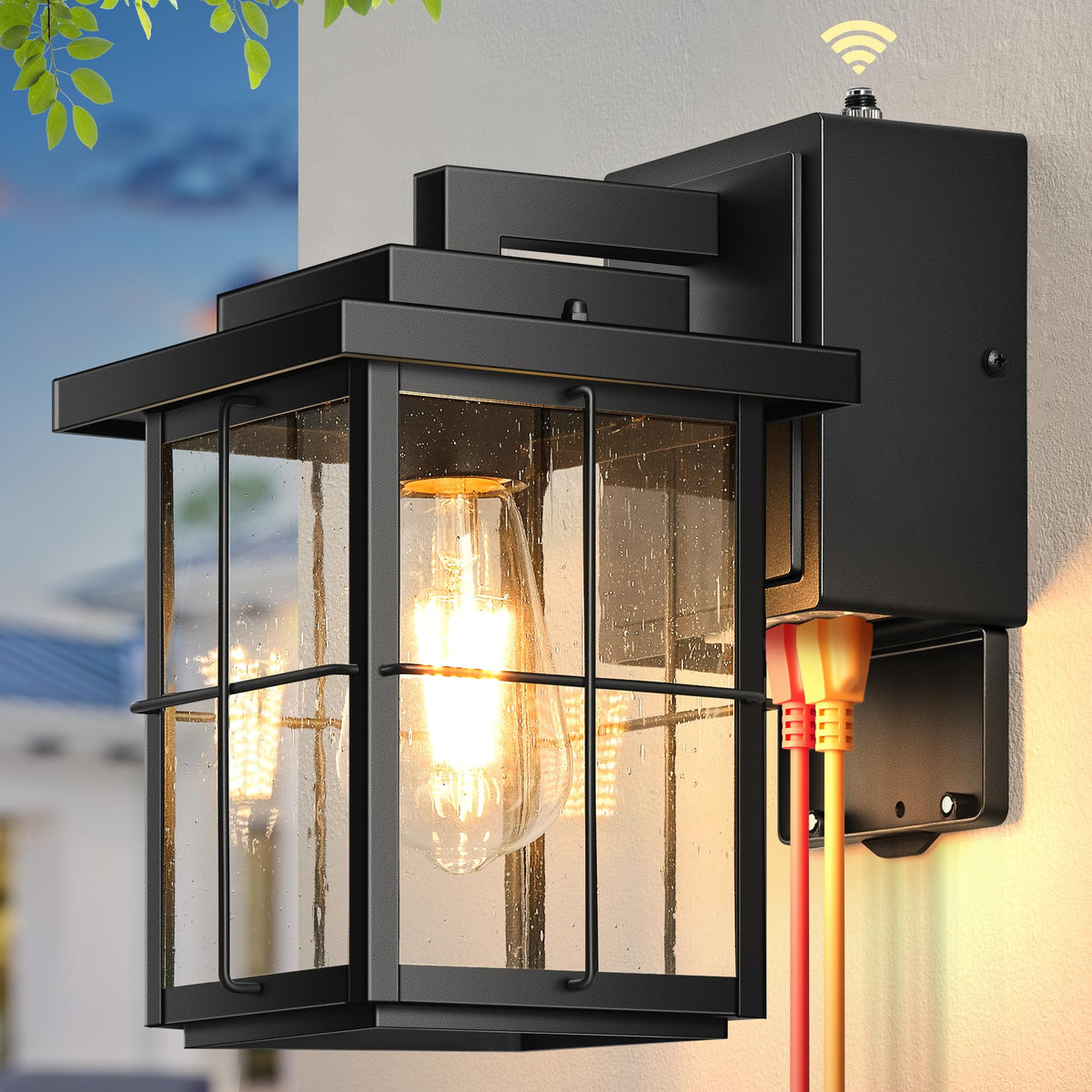 Gleamz Outdoor Wall Light Dusk to Dawn, Black Front Porch Light with GFCI Outlet, Modern Exterior Lighting Fixtures with Outlet, Exterior Wall Sconce