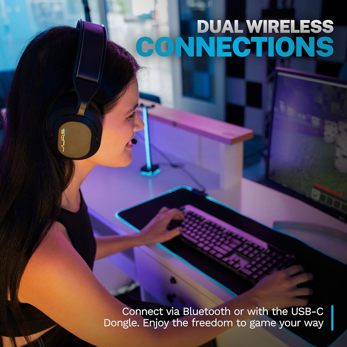 JLab Nightfall Wireless Gaming Headset, All-Night Comfort, 50mm Drivers and Sound Isolating Inner Shelf, Flip-to-Mute Rotating Mic, Dual Wireless Connections, Customization Options with The Lab App