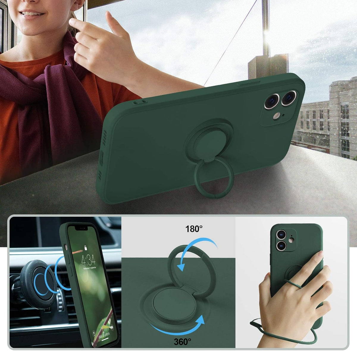 ABITKU iPhone 12 Case Compatible, Silicone with 360° Ring Kickstand Holder (Army Green) Soft Microfiber Cloth 6.1 inch