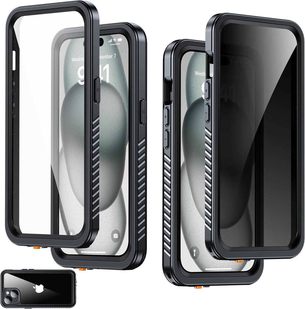 for iPhone 15 Case Waterproof - Built-in Privacy Screen Protector & HD Screen Protector [IP68 Underwater] Shockproof Dustproof Full Body Protection iPhone 15 Phone Case Black