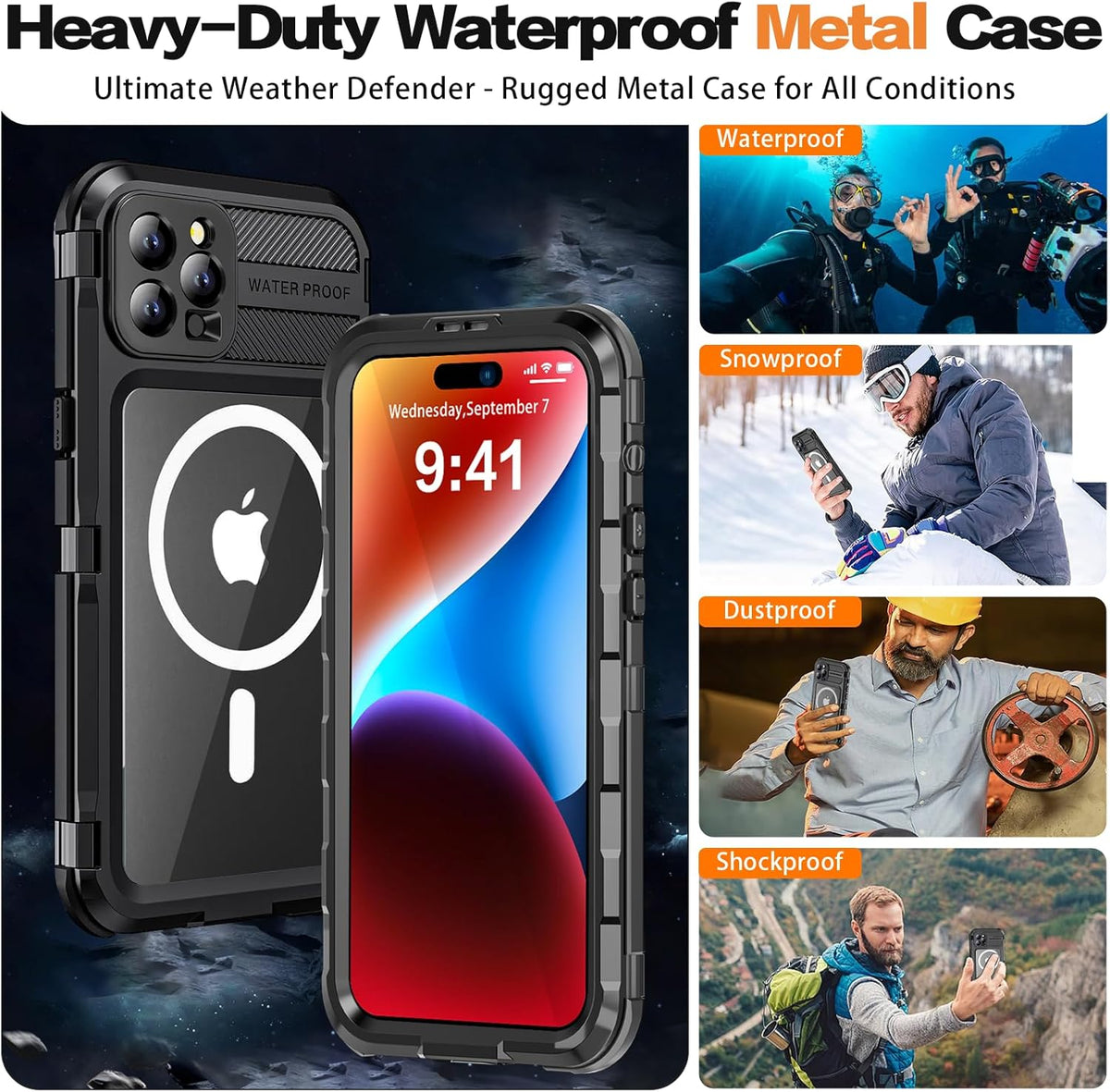 Metal Heavy Duty Waterproof Case for iPhone 13 Pro Max, Compatible with MagSafe, Military Grade Shockproof, Black