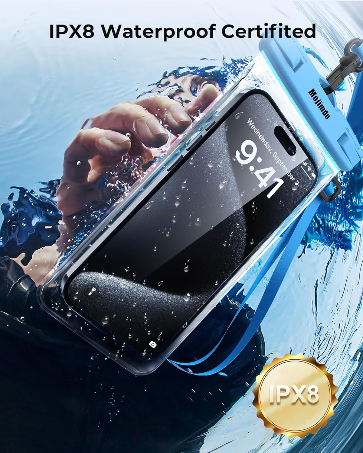 Waterproof Phone Pouch 8'', IPX8 Case with Lanyard for iPhone 15 14 13 12 11 Pro Max, 2 Pack/Blue