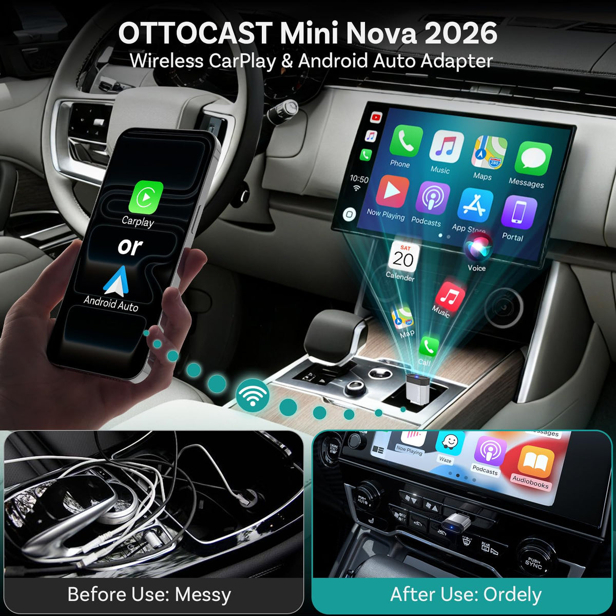 OTTOCAST Mini Nova 2-in-1 Wireless CarPlay & Android Auto Adapter, Plug & Play Convert Wired to Wireless, Fast Auto Connect, Mini USB Design