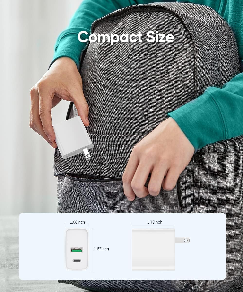 USB C Wall Charger PD 20W, Dual Port Power Delivery Fast Charge Block Plug Adapter for iPhone 15/14/13/12/11/Pro Max,