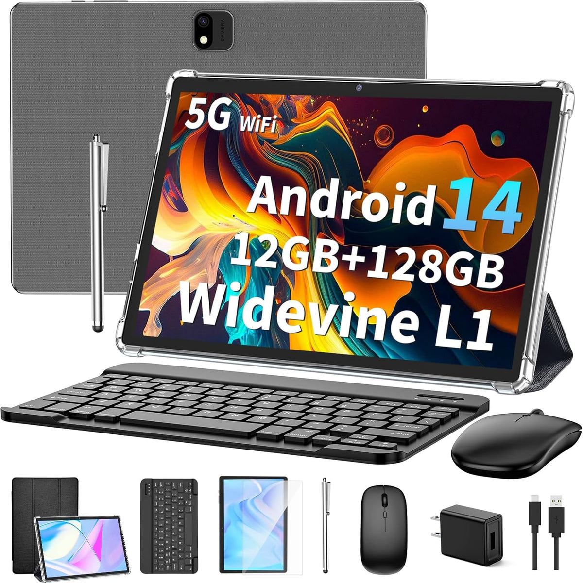 Android 14 Tablet with Keyboard, 12GB RAM (6+6), 128GB Storage, 1TB Expandable, 8000mAh Battery, 10 Inch 2-in-1 Tablets, Includes Case, Mouse & Stylus（Black）