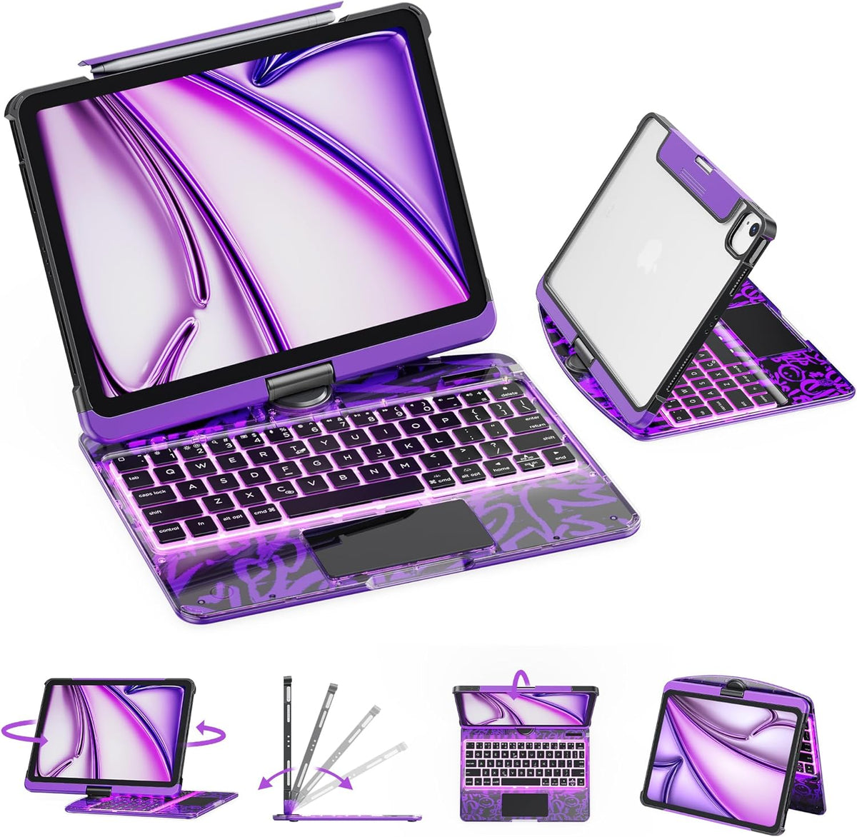 GUSGU Transparent Case with Wireless Keyboard for iPad Air 13-in.(M3/M2, 2025/2024), 7 Colors Backlight, Trackpad, 360°Rotating Stand for iPad Pro 12.9-in (6/5/4/3 Gen), Tech Style