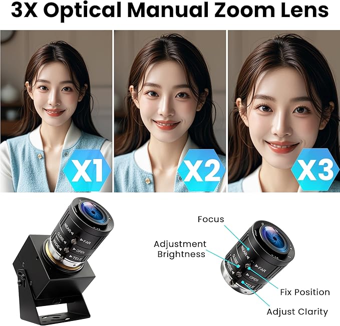 USB Camera 120fps High Speed Webcam Golf Swing 4K 12Megapixels USB Cam with 3X Manual Optical Zoom Lens Lightburn PC Computer Plug and Play for Linux Windows Mac OS