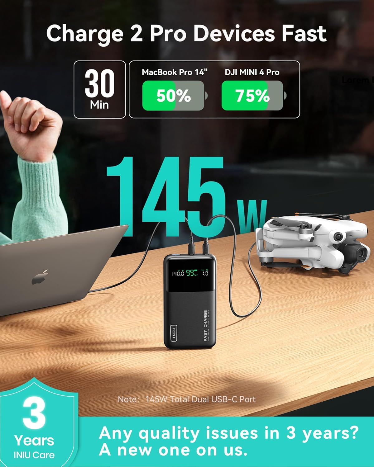 INIU 140W Power Bank, Compact 25000mAh High Capacity Laptop Portable Charger, USB C in&Out Tablet Powerbank, Smart Digital Display Phone Charger for iPhone 16 15, Samsung, iPad, MacBook, Laptop etc.