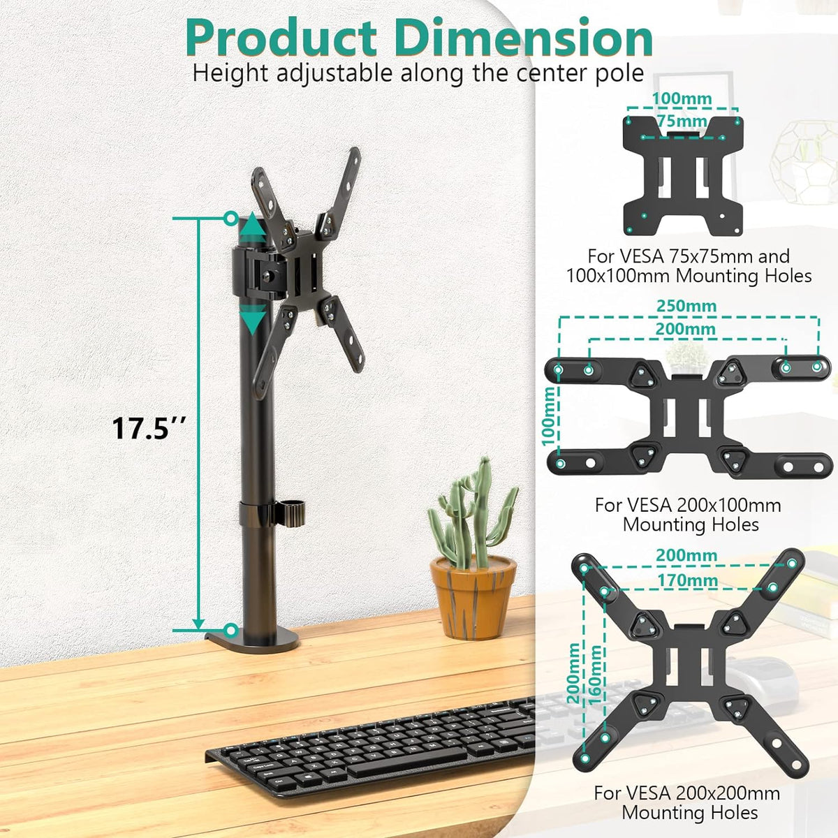 WALI Single Monitor Mount for 1 Computer Screen up to 42 inch, Fully Adjustable Monitor Arm Holds up to 22 lbs, Mounting Holes up to 200x200mm (M001SXL), Black