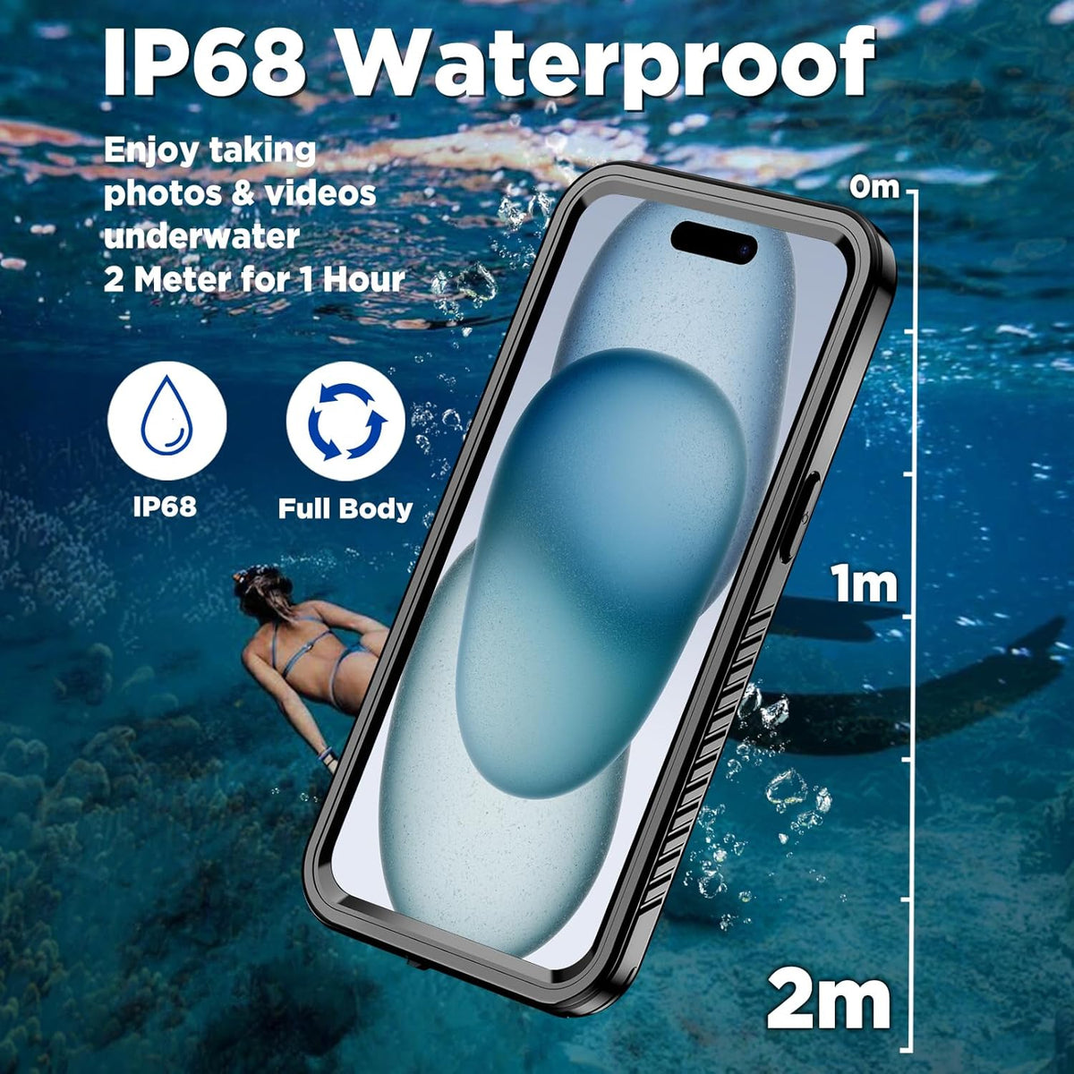 iPhone 15 Magnetic Case Waterproof with Built-in Screen Protector, Heavy Duty Dustproof Full Body Cover, Black 6.1 Inch
