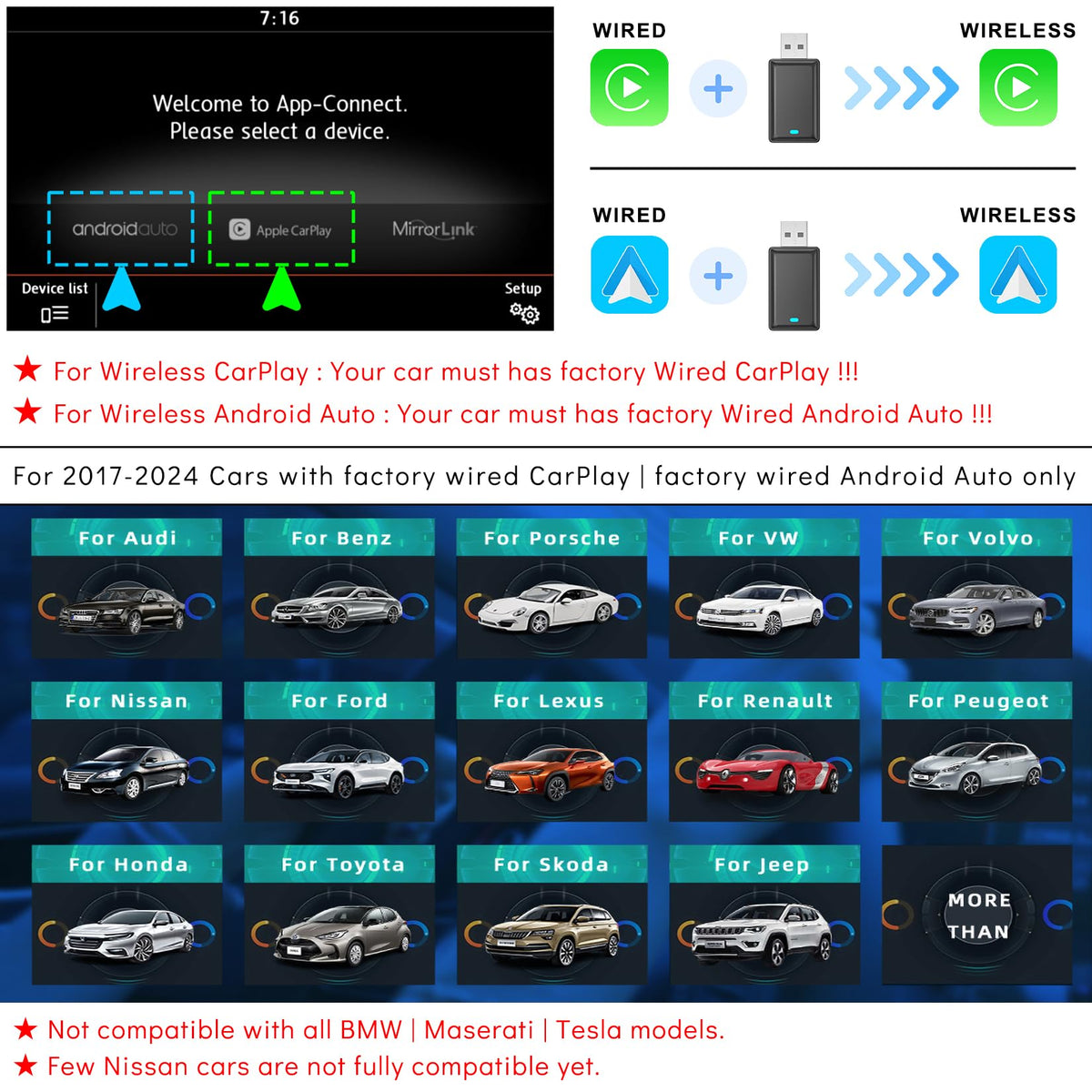CarProKit Wireless CarPlay Android Auto Adapter USB Dongle for Apple iPhone Android Phone, Convert Original Wired to Wireless Connection, Plug & Play