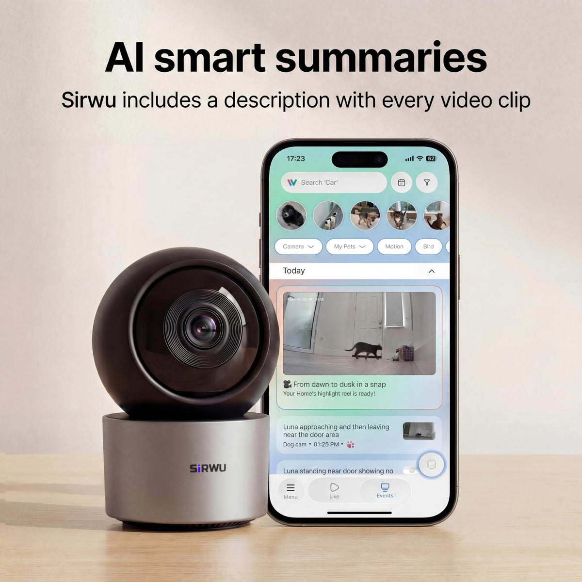 Sirwu AI Pet Camera Indoor with Phone App, Dog Camera with Speaker, Multi-Pet Recognition & AI Day Summary, 2K 3MP Cat Camera for Indoor, 360° Auto