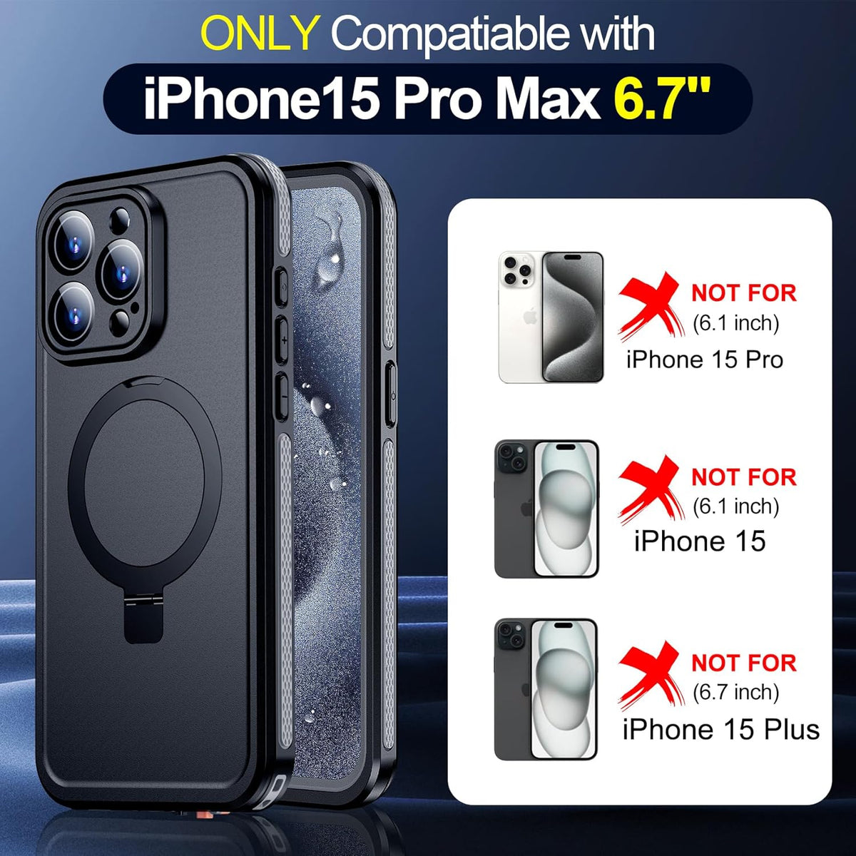 Ultra Magnetic for iPhone 15 Pro Max Waterproof Case with Sturdy Stand, Built-in Screen & Lens Protector [IP68