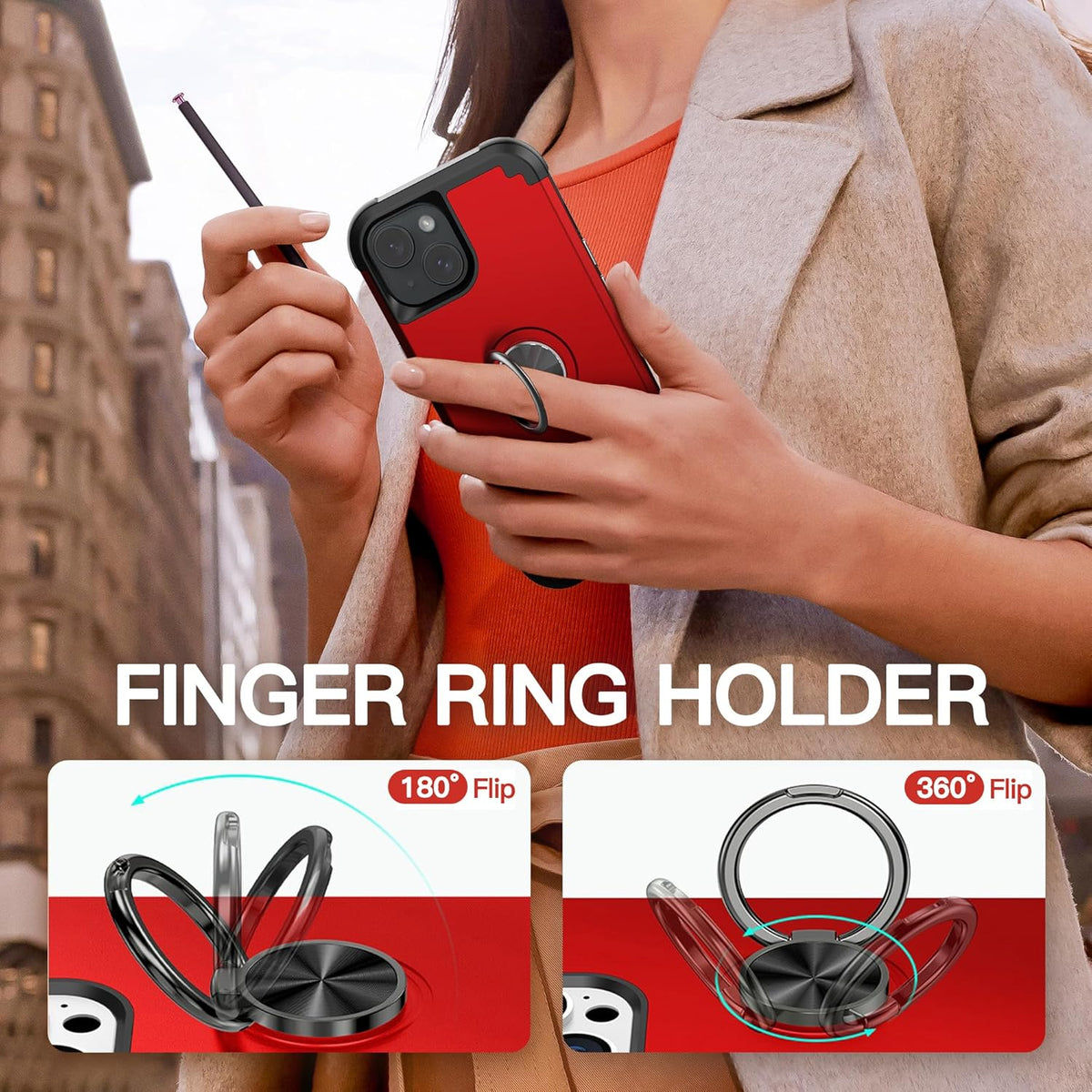 IDweel iPhone 15 Plus Case: 2-in-1 Shockproof Cover with Screen Protector, 360° Ring Holder, Camera Lens Protector, Red.